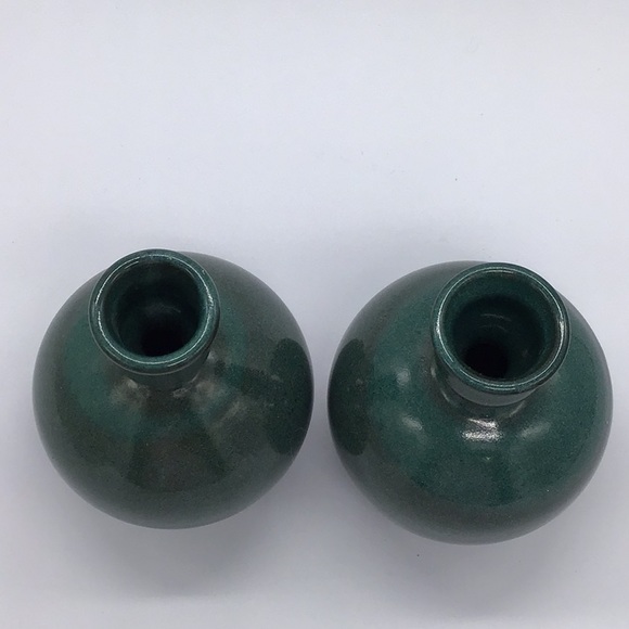 Pair of Studio Pottery Teal Green Glazed Candlestick Vase Holder - Picture 4 of 5